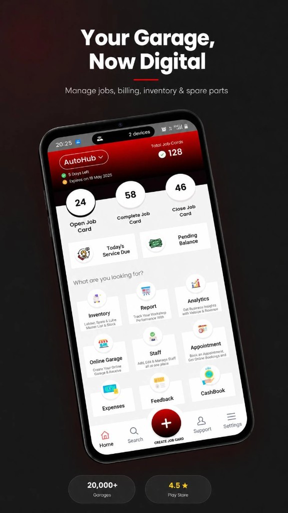 TTN Garage app dashboard with inventory and stock tracking