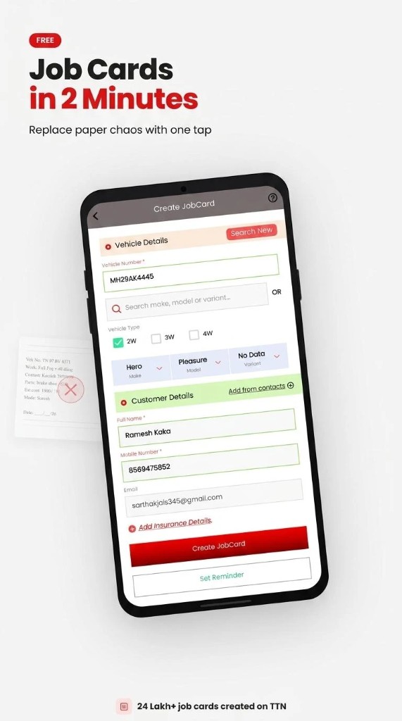 TTN Garage job card creation screen , create a digital job card in 2 minutes