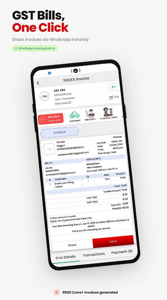 TTN Garage invoice with spare parts deducted from inventory
